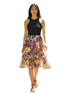 Ralph Lauren Floral Tiered Chiffon Midi Skirt Sz 6 Multicolor Feminine Festival
